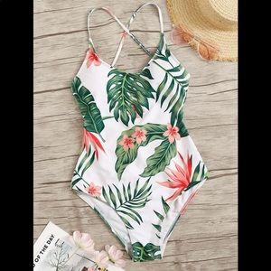 SHEIN Tropical Print One Piece Strappy Lace Up Back Swimsuit S